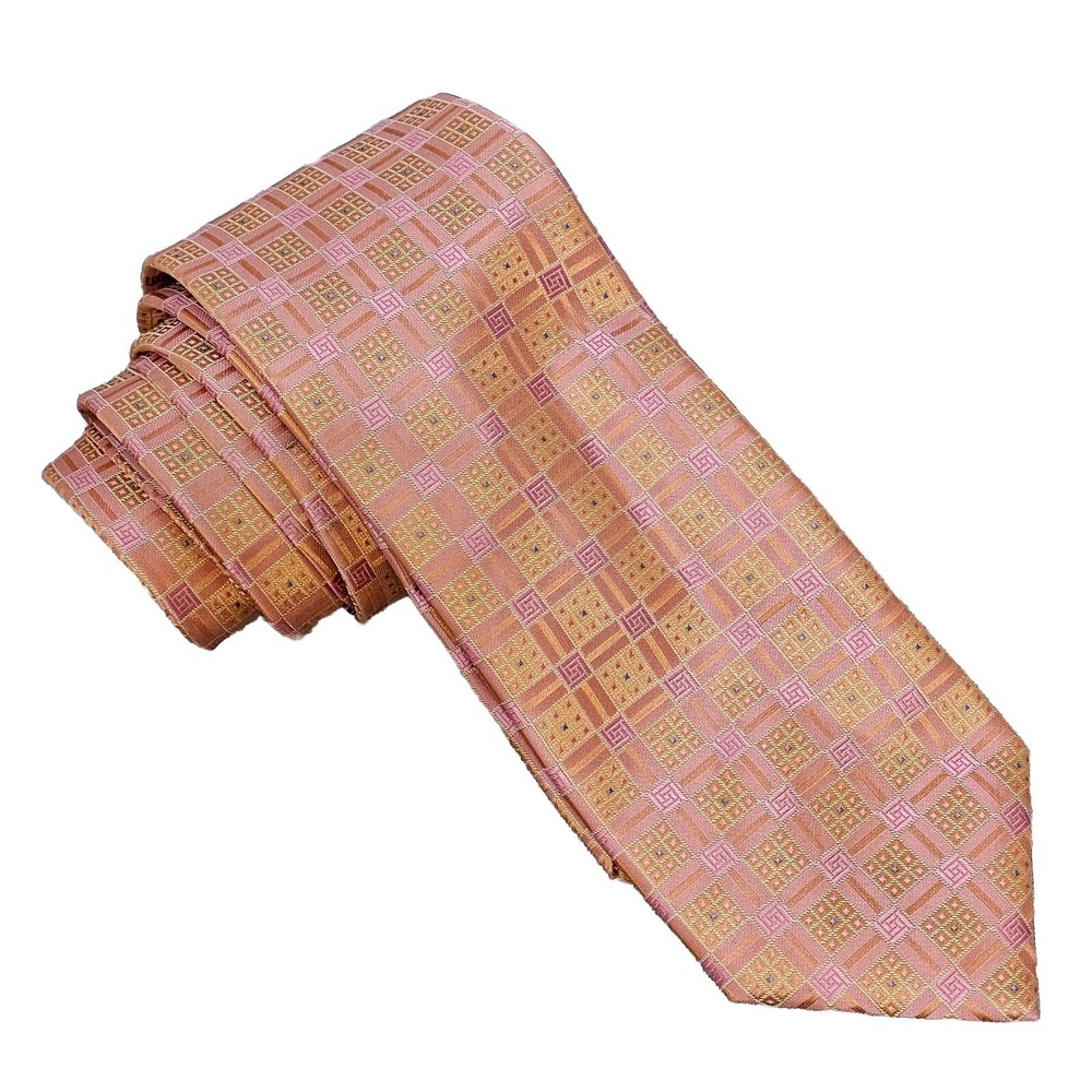Carrot & Gibbs Pink Gold Geometric Silk Neck Tie Made In Italy Luxury 3.5" X 59"